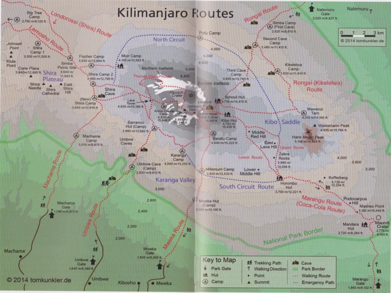 Oversigt over alle ruter på Kilimanjaro